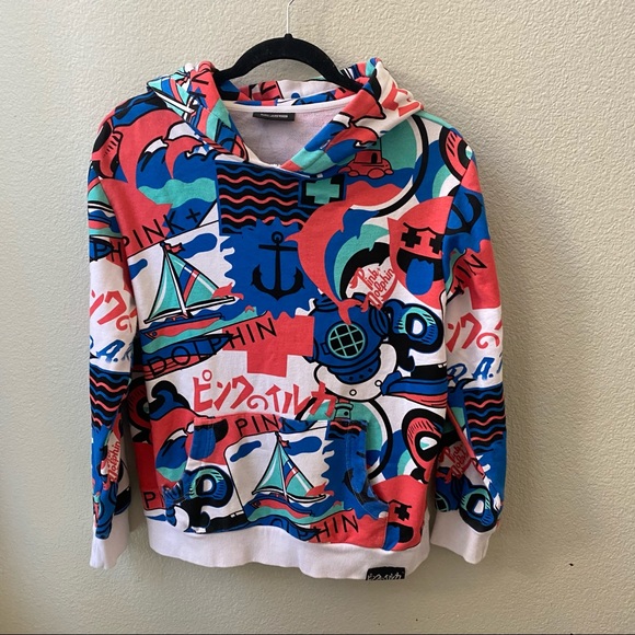 pink + dolphin graphic all over print hoodie sweatshirt womens medium - Picture 1 of 8